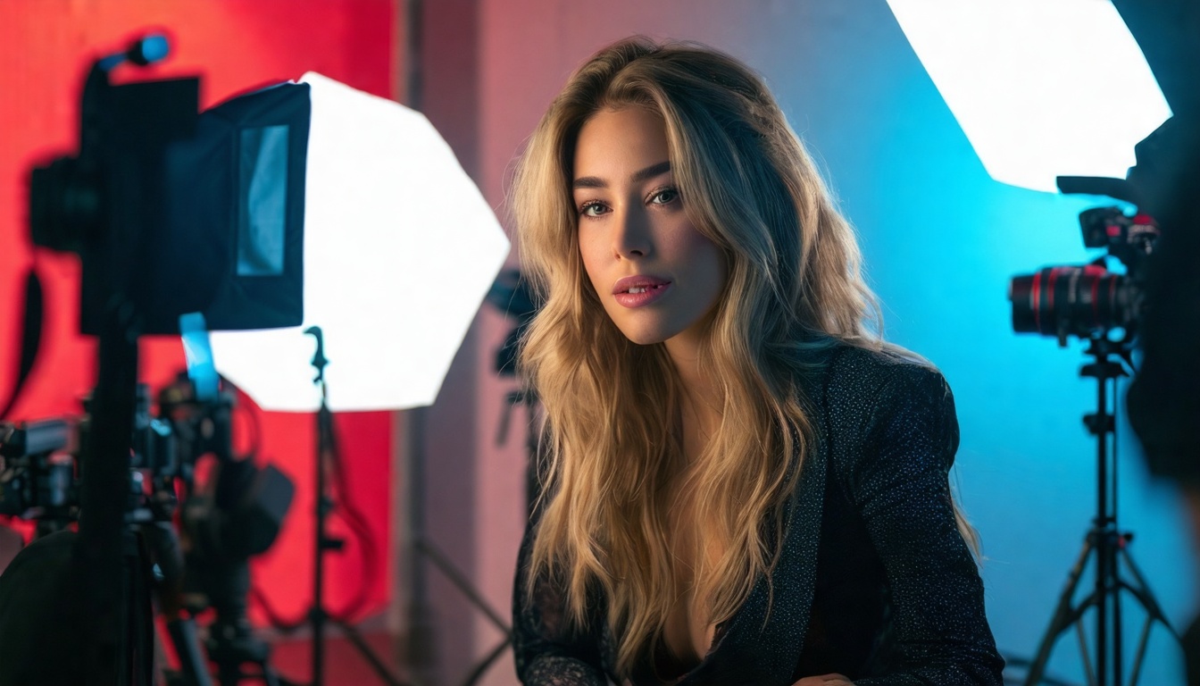 Blonde adult creator in a dark blazer seated in a studio with photography lights