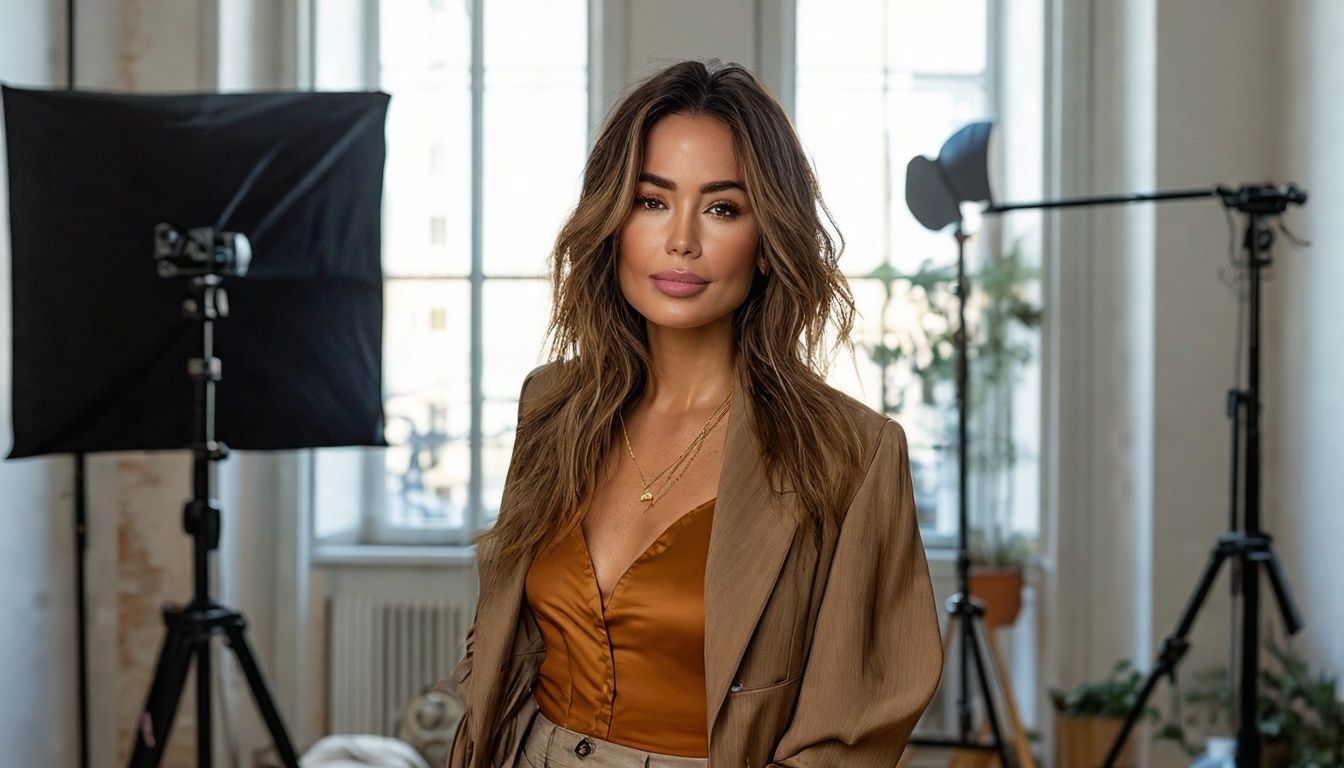 Adult content creator wearing a brown blazer and satin top in a studio